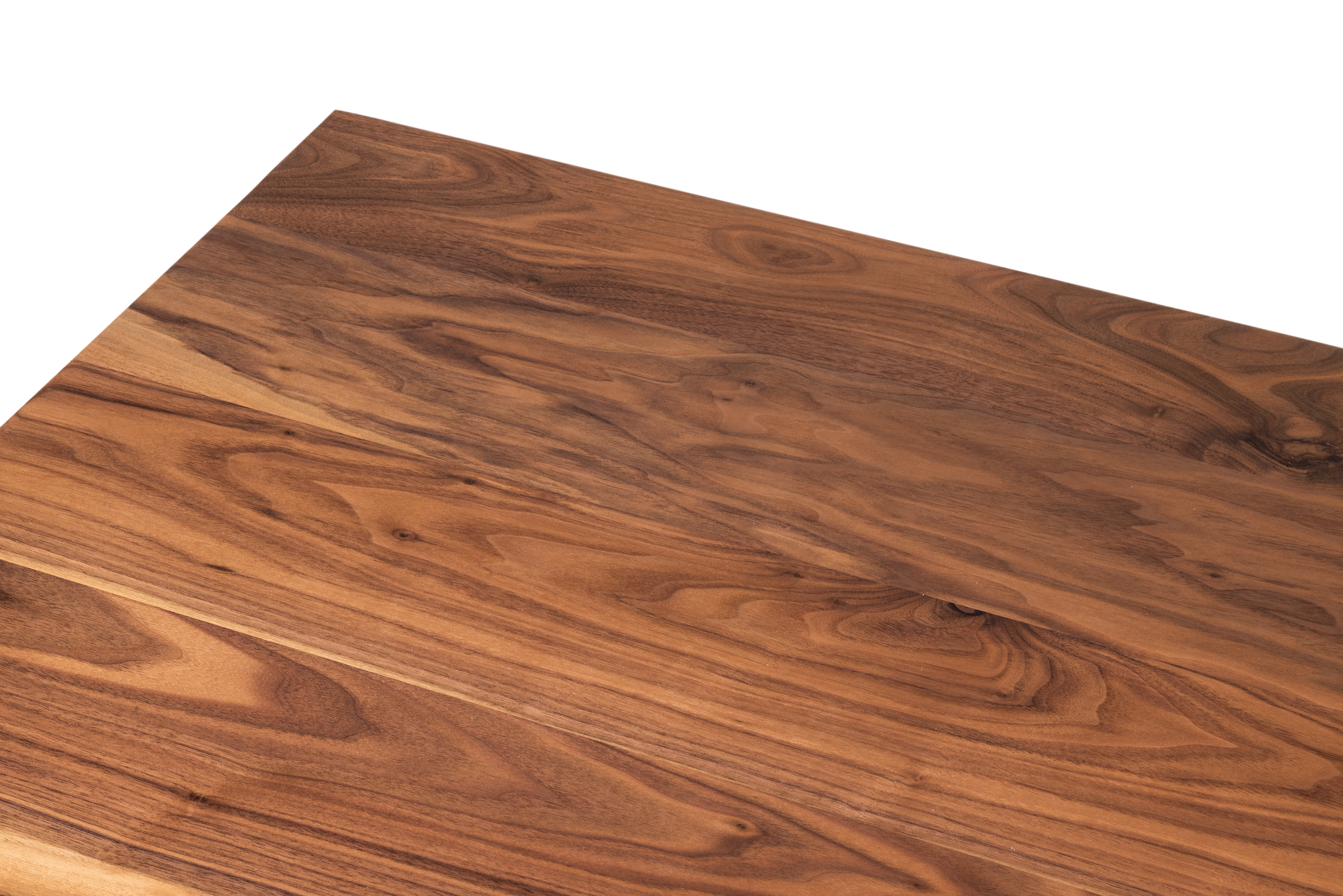 Close-up detail of Upwood's premium American walnut desktop, showcasing rich natural wood grain patterns and eco-friendly oil finish. height-adjustable-standing-desk-sit-stand-desk